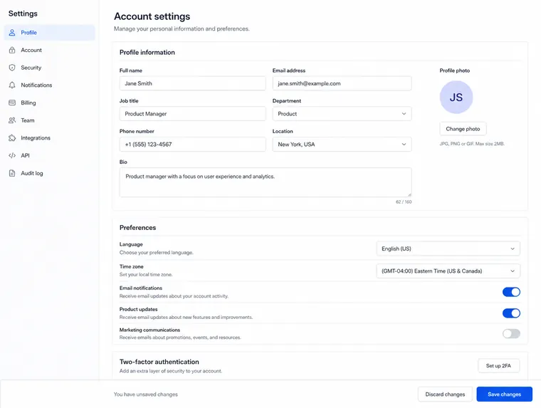 Kestrel, Account settings